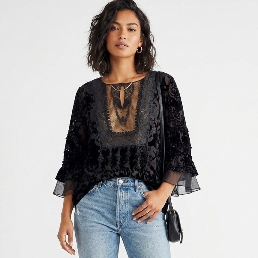 Elie Tahari Petunia Blouse Small Black Velvet Burnout Lace Tassel Gothic Romance